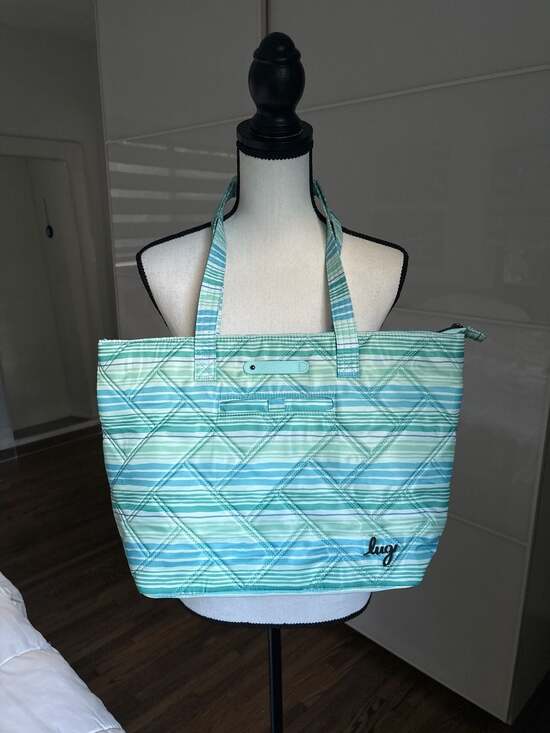 Lug Handbags - Lug Skyliner Medium Quilted Tote with Trolley Sleeve in Marina Stripes
